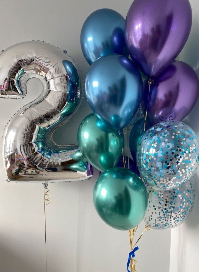 Lazybeee 13pcs Silver Number 2 foil with Purple blue green Balloons Set Large Number 2 (32-Inch) with blue confetti for Birthday Decorations for Girl Boy 2nd Birthday Theme Foil Balloons - Image 1